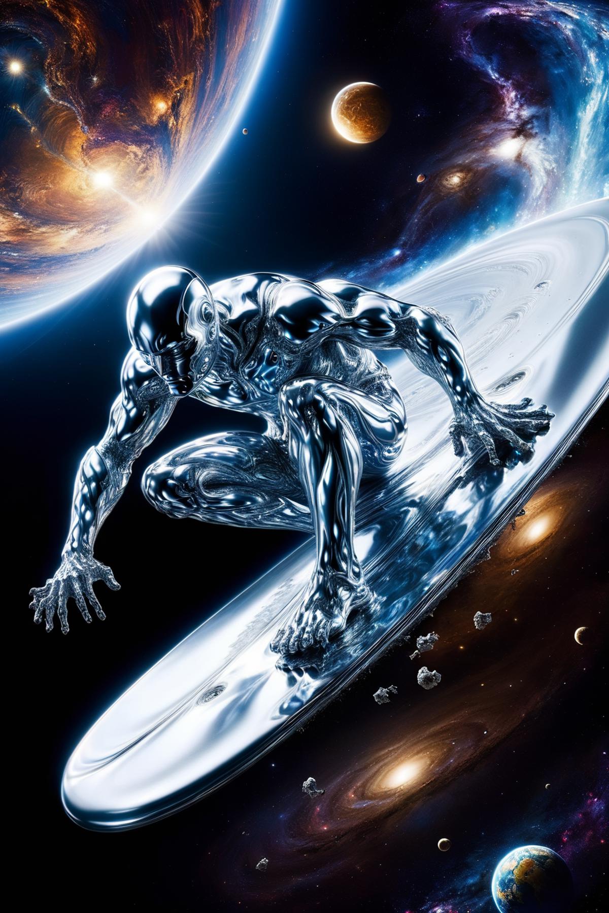 A robotic figure with a silver body and metallic hands, riding a circular object.