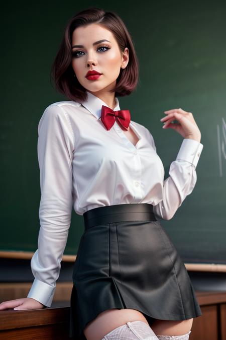 photo of a woman, verab-2652:0.99, ((pale skin)), ((short hair, dark brown hair):1.1), ((bowtie, skirt, white shirt, thighhighs):1.2), ((cowboy shot, waist, hips, thighs):1.2),((classroom, chalkboard):1.3),((red lipstick, eyeliner, eye shadow, blush):1.2), ((best quality, masterpiece, extreme details, high resolution):1.2),((detailed eyes, beautiful eyes, detailed face, beautiful face):1.2), photo of the most beautiful artwork in the world, professional majestic (photography by Steve McCurry), 8k uhd, dslr, soft lighting, high quality, film grain, Fujifilm XT3 sharp focus, f 5.6, High Detail, Sharp focus, dramatic