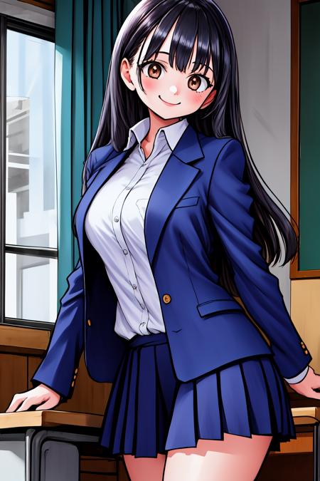 1girl, cowboy shot, classroom, smile, standing, 
yamada_anna, brown eyes, black hair, long hair, bangs, school uniform, blazer, jacket, white shirt, collared shirt, pleated skirt, blue skirt, <lora:yamada_anna_lora_ver1:0.7>, best quality, masterpiece, highres, <lora:GoodHands-vanilla:1>