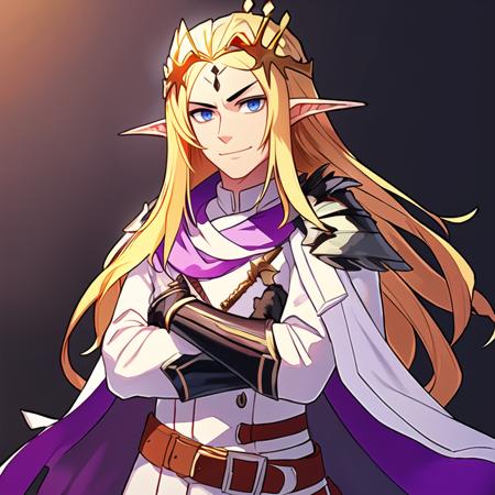 (masterpiece, top quality, best quality, beautiful, and aesthetic:1.2) leonida5, purple cape, tiara, white coat, 1boy, male focus, weapon, sword, cape, solo, armor, crossed arms, smile, looking at viewer, belt, simple background, forehead jewel, crown, white background, gauntlets, transparent background, pointy ears, shoulder armor, blue eyes, sheathed, sheath, gloves, pants, tiara, circlet, pauldrons, closed mouth, red cape <lora:leonida5-000009:.8>