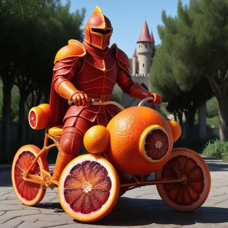 blood orange style, score_10 , score_9_up, score_8_up, score_7_up , score_6_up, a realistic armored knight is riding a toddler orange shaped tricycle, sitting over tricycle, glowing eyes, armor made of blood oranges, night background, moon, eerie atmosphere, gothic, grim dark, fantasy art, medieval, detailed orange blood orange armor, eerie glow, full armor made of blood oranges, red glowing eyes, cape made of blood oranges, rocky ground, fantasy creature, blood orange theme, fantasy setting, high contrast, detailed, blood orange textures, ominous, realistic lighting, haunting, eerie glow, medieval fantasy, gothic style, detailed rendering, fantasy character, blood orange ambiance, eerie environment, fantasy creature, blood orange armored knight, glowing eyes, riding a orange shaped toddler tricycle, knight over a orange shaped toddler tricycle, realistic castle, castle made of blood oranges, castle background, smiling