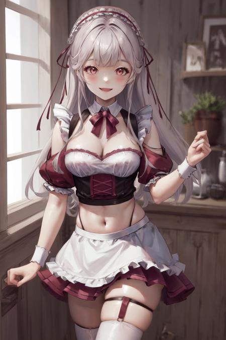 masterpiece, best quality, highres, 1girl hair ribbon, maid headdress detached collar white apron clothing cutout midriff white thighhighs red skirt wrist cuffs highleg thigh strap garter straps <lora:hanazawa_nako:1> smile