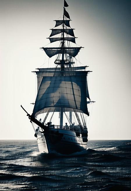 chiaroscuro, an image of a portuguese caravel sailing on the high seas. focus on the round prow and triangular sails
, viewed diagonally from the front, directional lighting, silhouetted, light hitting one side, inkwash image