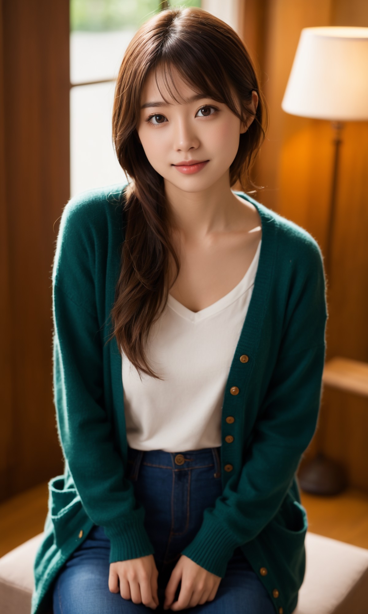 1 japanese woman,(27yo),cute,brown eyes ,catch light:, natural skin,brown hair, indoor ,proud ,cardigan, tight jeans