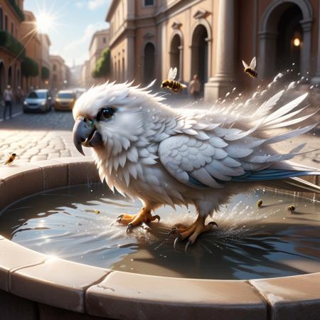 Cute white parakeet with ruffled feathers sitting in a nonfunctional fountain, 
sunlight creating a play of light and shadow around wet surfaces and puddles, 
bee captured with motion blur, 
background showcasing the city of Rome, 
broad daylight enhancing the urban textures, 
digital painting, 
dramatic lighting, 
ultra-realistic., 
Miki Asai Macro photography, 
close-up, 
hyper detailed, 
trending on artstation, 
sharp focus, 
studio photo, 
intricate details, 
highly detailed, 
by greg rutkowski