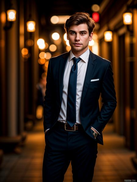 professional half shot photograph, dutch angle front view, outdoor setting, warm lighting, (solo:1.35), staring into the camera, stylish well dressed man, wearing a business suit, clothed, clothing, fully clothed, bottomwear, topwear, tie, suit jacket, short brown hair, serious face, masculine, belt buckle, wide shoulders, thighs, 5 fingers, distinct jawline, standing, bokeh, shot on Nikon D750, (hdr:1.2), (4k:1.4), (200 megapixel:1.4), (80mm:1.1), (wide color gamut:1.4), (hi res:1.4), (absurd res:1.4), (High-quality photography:1.2)