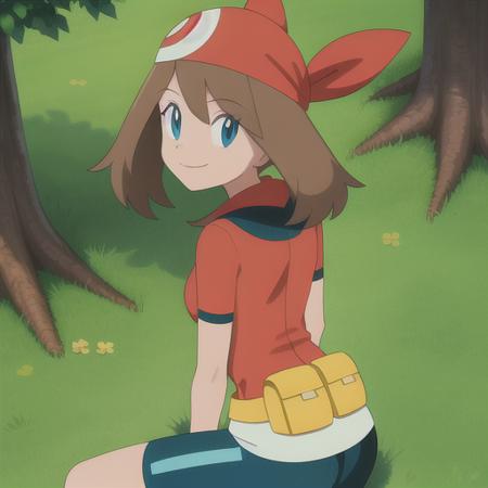 <lora:character_pokemon_may_v1:0.5> forest, 1girl, character_pokemon_may, solo, sitting, on ground, arm support, from behind, from above, from side, looking at viewer, smile, bandana, shirt, skirt, bike shorts, fanny pack