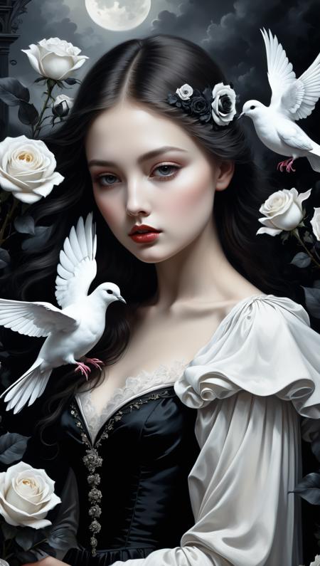 Digital art, by IrinaKapi. Surrealism, abstraction, girl with white dove and black roses, ultra details oh clothes, best quality, masterpiece, painting, concept art, emotionally, atmospheric, aesthetics of romanticism<lora:xl_more_art-full_v1:0.5>