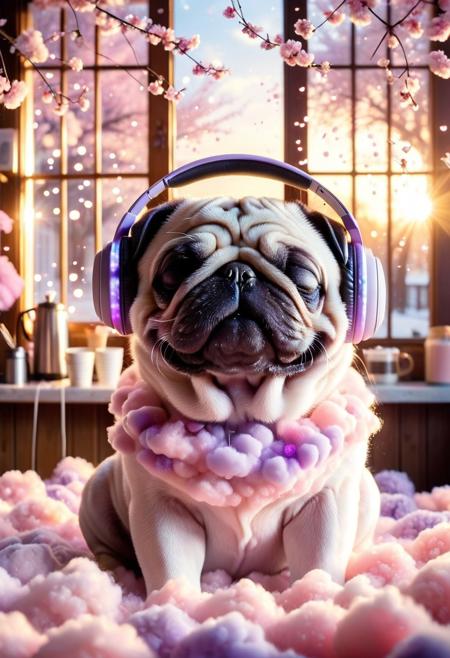 lazypos, cottoncandy
a cotton candy pug with closed eyes, wearing wireless headphones, immersed in rhythmic melodies, soft smile of euphoria illuminating his face, surrounded by floating musical notes and cherry blossom petals, warm golden hour lighting with bokeh effects, pastel color palette of blush pink and pastel purple, healing atmosphere with glowing particles, dynamic composition with flowing hair strands, cozy coffee shop background with sunlight streaming through windows ,emotional resonance of musical therapy