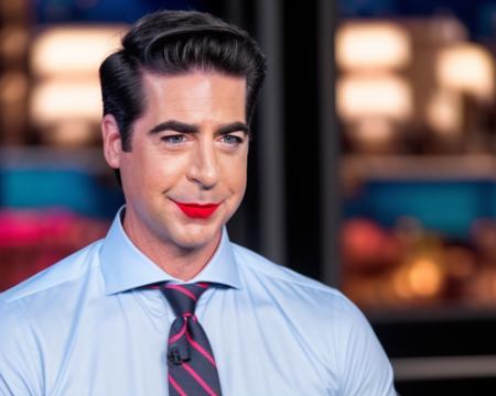 closeup of jessewatters person on FOXNEWs station trying to do the news while ((Wearing lipstick and eyeliner)))) ((joker makeup))