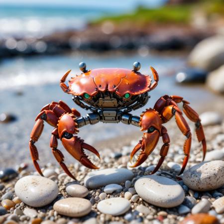 macro photography, robotic crab with threaterning crab claw on a pebble beach, lovely metal work, oil stain color graded, colorful,  extremely detailed, hyperrealist,  f-stop 1.2, shallow depth of field, bokeh, clean sharp,