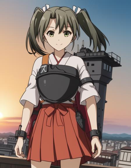 zuikaku, long hair, ribbon, twintails, green eyes, hair ribbon, zuikaku (kancolle) skirt, japanese clothes, muneate, red skirt, pleated skirt,