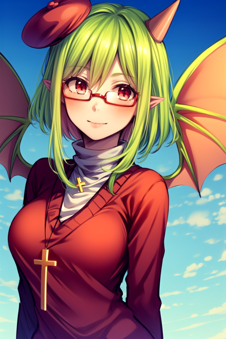 yosafire, 1girl, solo, green hair, glasses, red eyes, cross necklace, red sweater, white turtleneck, red boots, black pantyhose, demon horn, demon tail, demon_wings, beret