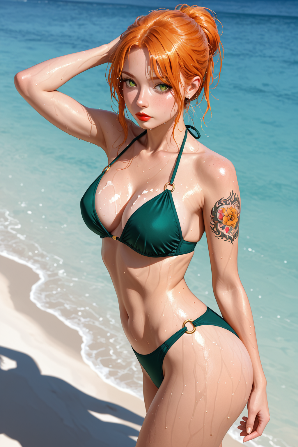  [COMPLETELY NEW SCENE] photos from a professional_photoshoot for an award winning, high end fashion magazine, playful aesthetic, confident, posing, interesting lighting, perfecteyes, shafts of sunlight, featuring a 22 year old hipster at the beach, swimming, playing in the ocean, - Subsurface scattering, Caustic light patterns, Fluid turbulence, Refractive transparency, Foam microstructure  lightly freckled skin with dimples, water droplets on skin, wet hair, she has (vibrant orange hair:1.1) with (intricate mustard yellow highlights:1.3), hair light reflection, (high_cheek_bones: 0.3),(emerald_green_almond_eyes 1.0 ), (over_bite:0.9), downturned_nose, round_chin, purple eye shadow, matte red lipstick, (large_arm_tattoo:0.5), wearing a (navy blue:1.0) designer bikini with gold fastenings glossy appearance, ::-0.5 previous_color_scheme, tramp_stamp_tattoo, tight_apple_ass_with_underbun,  perky_firm_c_cup_breasts, slim waist, wide hips, toned thighs,  erotic photography, photo-realistic, exquisite detail, beac