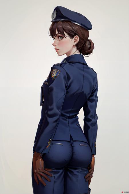 (masterpiece, best quality), (realistic, proportional, good proportions), (detailed face, detailed hair, detailed eyes, detailed skin),
<lora:epi_noiseoffset2:1> <lora:more_details:0.3> <lora:GoodHands-vanilla:1> <lora:ass_support_v0.1:1> ass support, ass, 1girl, solo, from behind, hands, looking back, looking at viewer, thighs, ass focus <lora:ZofiaDuchBojowy:0.8> 1girl, solo, short hair, hair bun, black hair, brown eyes:1.2, lips, necktie, blue jacket:1.2, blue necktie, white shirt, hat, beret, long sleeves, (gloves, black gloves:1.2), aiguillette, badge, military uniform, police uniform, blue jacket,