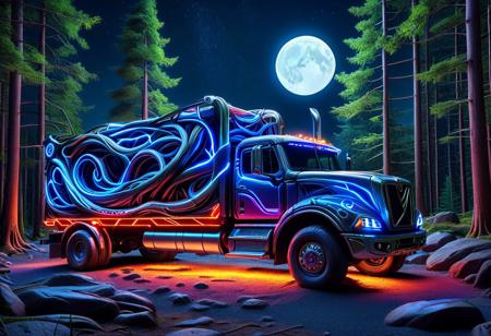 vibrant colors, shiny_skin, prefect lighting, detailed image, snoozing, masterpiece, best quality, highly detailed, ultra quality, 3DMM, ((PG-TR)), 
truck, 
On the road, outdoors, neon lights, glowing, forest, trees, rocks, night, moon, moonlight,