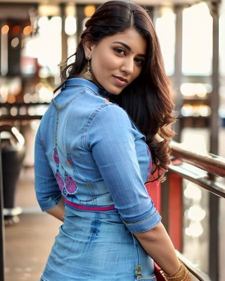 ultra-realistic hires photo of a (anku woman), looking looking at viewer, elegant high neck Jeans_with_kurta with intricate details,  fashion shoot, Dutch angle camera angle  <lora:anku_Anju_Kurian_SD15_LoRA_Adafactor:1>