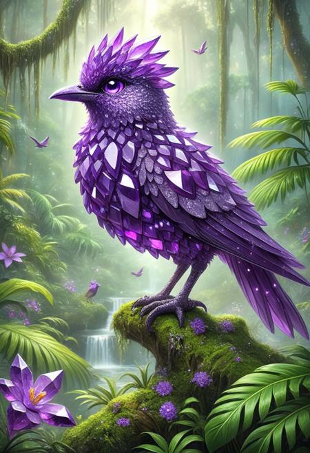 masterpiece, perfect quality, best quality, absolutely eye-catching,
made of sparkling amethyst crystals,
Rating_PG.
A misty rainforest, living magical bird
