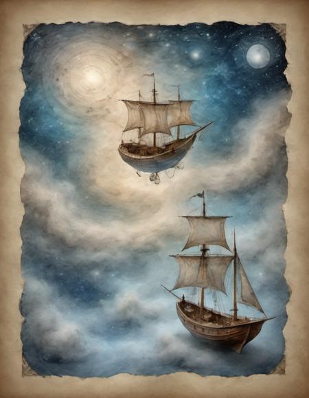 on parchment magic flying explorer approaching the pleiades aboard a magical sailboat in the sky mist fog gravity-defying aloft flight night sky cosmic