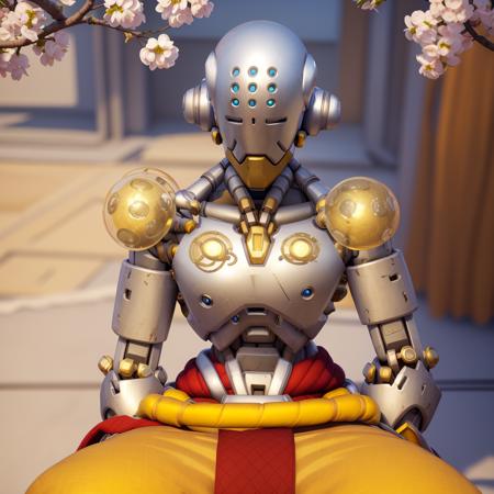 zen, floating, meditative position, omnic, robot, robot parts, male focus, (masterpiece, highly detailed), no humans, sakura blossoms, eyes, (slanted eyes:1.4), droopy eyes, overwatch, zenyatta, solo,  <lora:Zenyatta:1>, sitting, cowboy shot, yellow pants, red cloth, v, floating