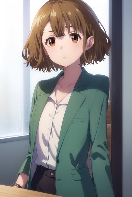 yuzuhamishima, <lora:yuzuha mishima s1-lora-nochekaiser:1>,
yuzuha mishima, short hair, brown hair, (brown eyes:1.5),
BREAK shirt, long sleeves, jacket, white shirt, open clothes, pants, black footwear, watch, green jacket, wristwatch,
BREAK indoors, office,
BREAK looking at viewer, (cowboy shot:1.5),
BREAK <lyco:GoodHands-beta2:1>, (masterpiece:1.2), best quality, high resolution, unity 8k wallpaper, (illustration:0.8), (beautiful detailed eyes:1.6), extremely detailed face, perfect lighting, extremely detailed CG, (perfect hands, perfect anatomy),