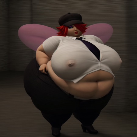 obese, woman, white shirt with a tie, black pants, black high heels, black hat, red hair covering her left eye, fairy wings
