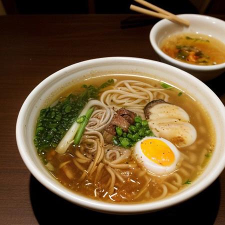 A steaming bowl of traditional Japanese ramen with a rich, flavorful broth. The bowl is filled with thick noodles, tender slices of chashu pork, a soft-boiled egg with a runny yolk, bamboo shoots, and fresh green onions. The broth is slightly oily, with a hint of miso or soy. The setting is a cozy, warm atmosphere, with chopsticks resting on the side.