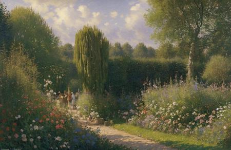 (impressionism:1.1), (john harris:1.1), hedgerow,garden ,estate , scenery,a painting,scene painting,