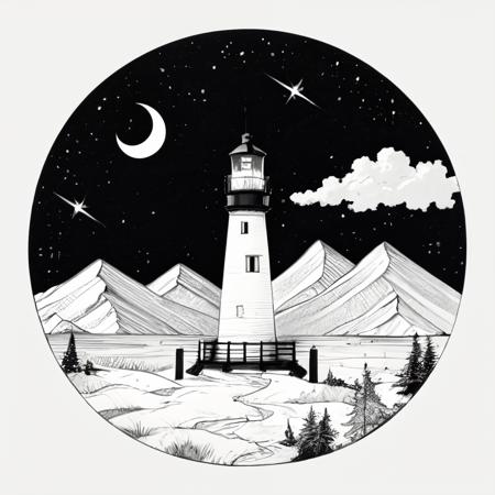 <lora:MinTattoo-000033:1>, mintat1, cloud, night sky, scenery, starry sky, mountain, crescent moon, lighthouse, circle