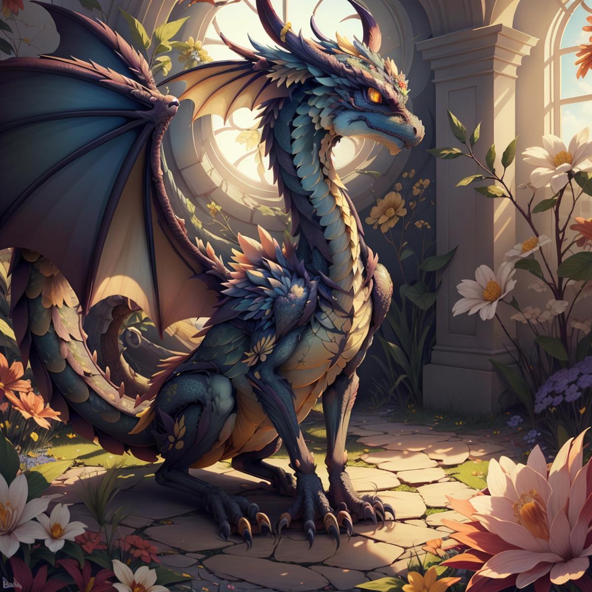 An artistic dragon drawing in a flower garden setting.