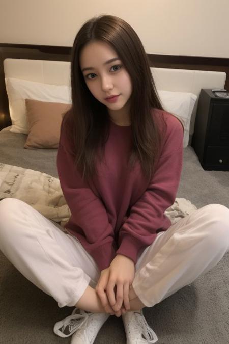 29 yo girl, Korean beauty, brunette, close-up, girl next door, baggy clothes, night, interior,