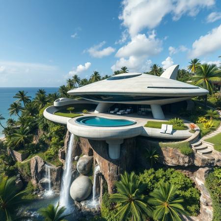 aerial view, A futuristic concrete modern house in a shape of a space ship with swimigpool on a waterfall inspired from a famous architect, with exotic luxuriant vegetation around, in a tropical jungle setting, near a beach, photorealistic, a masterpiece, 4K, high details, view from close, wide lenses camera