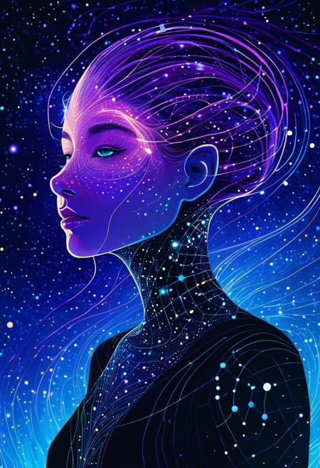 DB4RZ style painting, This is a digital artwork featuring a stylized covered in a constellation of glittering iridescent stars and cosmic particles surrealistic portrait of a humanoid figure set against a dark with a body that is predominantly dark almost liquid texture almost black gradient background transitioning from dark purple to black. The figure is rendered in a smooth giving it a celestial appearance.dream liminal space, strange land, abstract, folk horror, movie and character design, moody, (giant strange warped creature:1.2),ultra-detailed graphic novel illustration,A face close-up of a cosmic beauty with asymmetrical hair, with luminescent hair and reflective clothing, in a dark, mystical background with shimmering light patterns accentuating her form.Soft, diffused lighting that highlights the glow in her hair.Cosmic particles illuminated by soft light swirls around her.Color-shifting light that transitions between purple, blue, and white around her.A glossy, high-tech fabric that reflects both the light and shadows around her.Semi-transparent glowing threads weaved throughout the outfit.Detailed cosmic embroidery that catches the light and glows softly. dynamic pose,
