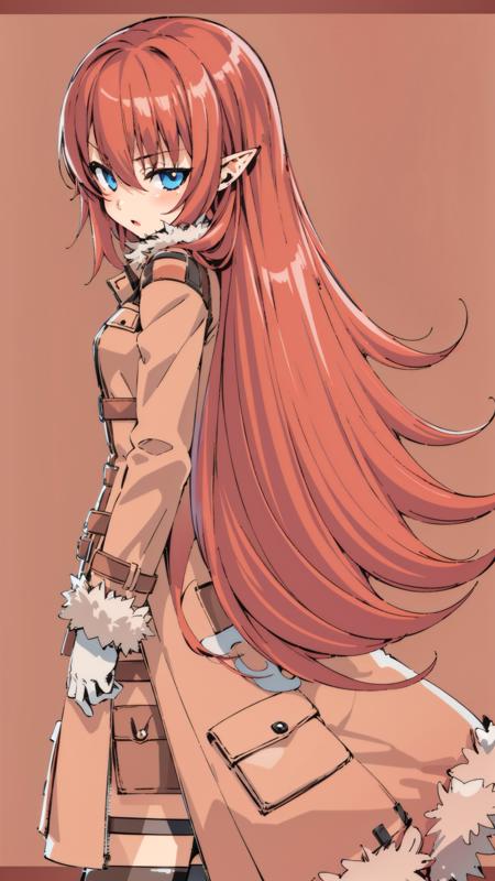 toona,1girl, solo,pointy ears,long hair, fur trim, long sleeves, coat, belt, skirt, expressionless,coat,<lora:ToonaimageTEST:0.4>