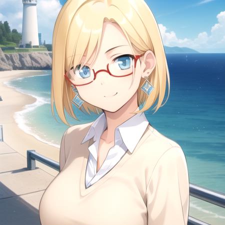 ((masterpiece)),(best quality),official art,extremely detailed CG,unity 8k wallpaper,ultra detailed,A lighthouse on a cliff by the sea,1girl,solo,upper body,(portrait:1.2),looking at viewer,claudia madobe,kind smile,blonde hair,short hair,blue eyes,glasses,semi-rimless eyewear,red-framed eyewear,jewelry,earrings,large breasts,sweater,shirt under sweater,collared shirt,white shirt,blue skirt,pleated skirt,brown boots,<lora:Claudia Madobe(win):0.8>,