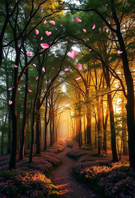 A magical forest filled with tall trees, their lush canopies forming perfect heart shapes. The atmosphere is soft and dreamy, with a warm pink and red glow filtering through the leaves. Delicate petals float in the air, carried by a gentle breeze. The ground is covered in vibrant flowers, and a winding pathway leads deeper into the enchanting forest. The scene is bathed in golden sunlight, creating a romantic, fairytale-like ambiance.