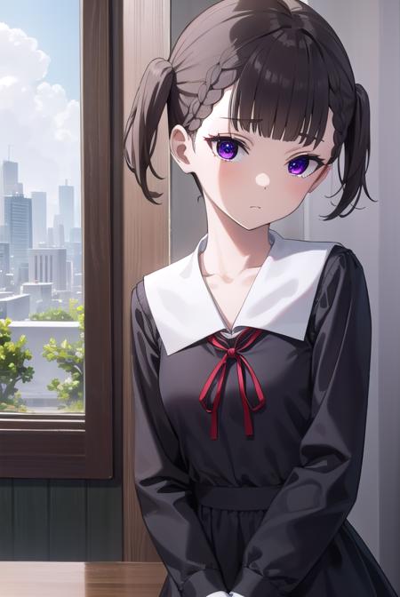 makishijou, <lyco:makishijou-lyco-nochekaiser:1>,
maki shijou, bangs, blunt bangs, (purple eyes:1.1), twintails, two side up, braid, short twintails,
BREAK long sleeves, dress, ribbon, school uniform, black dress, red ribbon, neck ribbon, collared dress, shuuchiin academy school uniform,
BREAK outdoors,
BREAK looking at viewer, (cowboy shot:1.5),
BREAK <lyco:GoodHands-beta2:1>, (masterpiece:1.2), best quality, high resolution, unity 8k wallpaper, (illustration:0.8), (beautiful detailed eyes:1.6), extremely detailed face, perfect lighting, extremely detailed CG, (perfect hands, perfect anatomy),