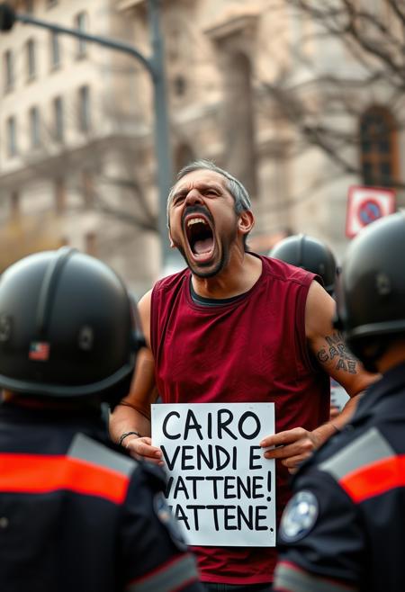 A photograph of a screaming, ragged, angry madman wearing a burgundy soccer vest, protesting with a poster in his hands that says "CAIRO VENDI E VATTENE!", police officers stand in the foreground with their backs to the viewer,