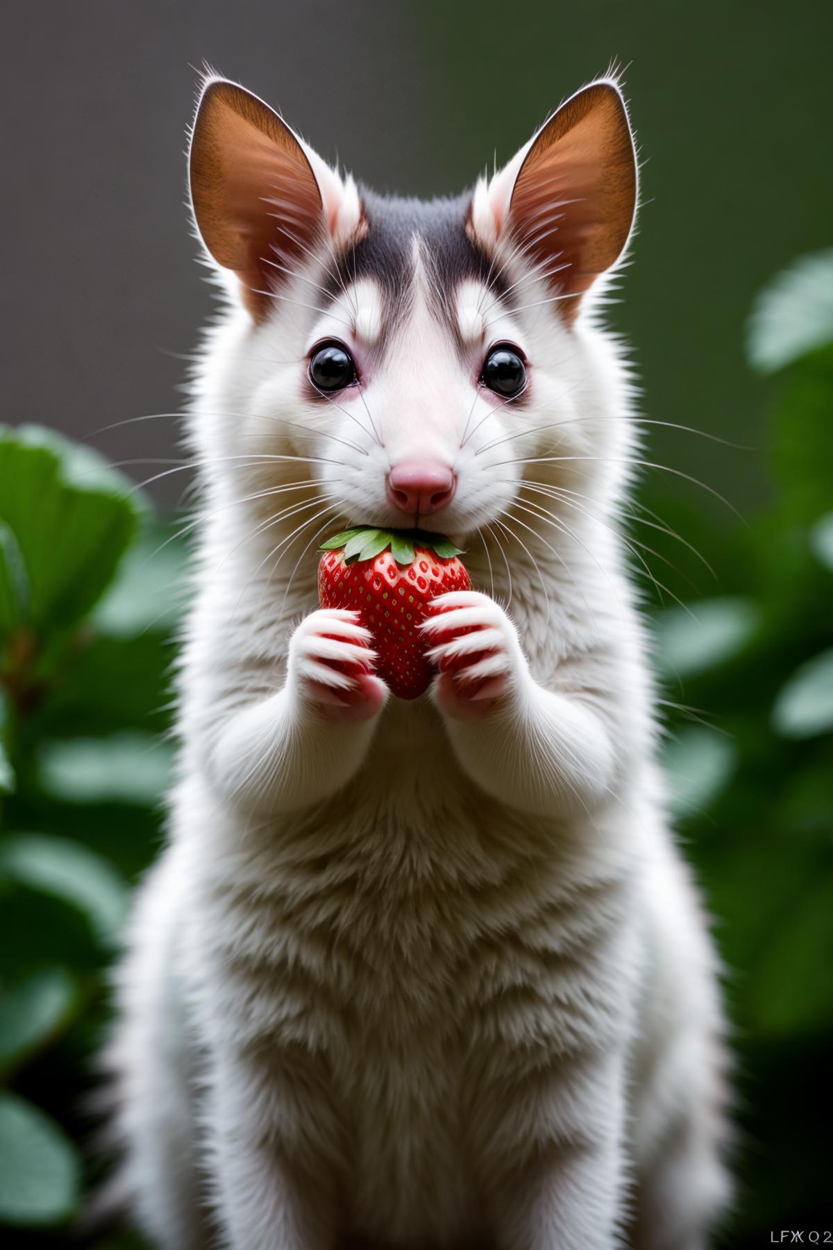 A white and black furry mouse eating a strawberry.