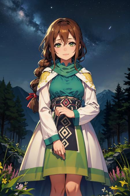 masterpiece, best quality, <lora:nolva-nvwls-v1-000010:1> nolva, single braid, green dress, long sleeves, standing, looking at viewer, smile, sad, night sky, forest, alpine forest