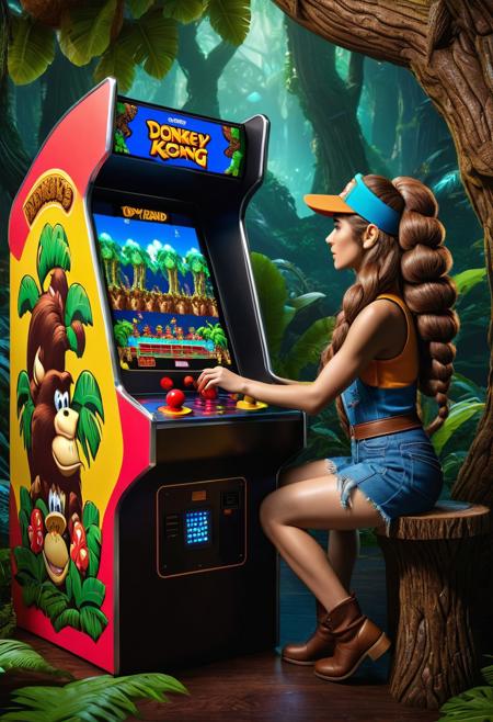Dryad playing a donkey kong arcade machine, detailed matte painting, deep color, fantastical, intricate detail, splash screen, complementary colors, fantasy concept art, 8k resolution trending on Artstation Unreal Engine 5