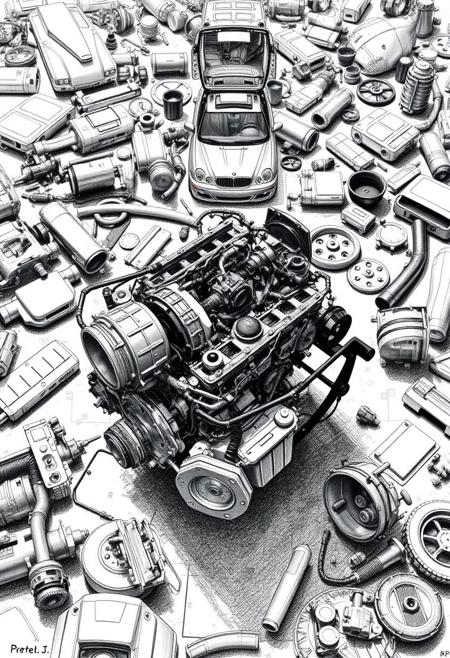 a technical drawing of a dissembled car engine in the style of Peter Aschwanden, engine parts spread out in the background, car parts, multiple pieces, overwhelming