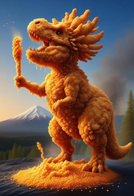 A towering, deep-fried T-Rex, its golden, crispy hide glistening under a spicy paprika sunset, roars triumphantly in a prehistoric land made entirely of crunchy breadcrumbs. The trees, massive stalks of tempura-battered asparagus, sway gently as rivers of molten cheddar flow between the flaky, butter-crusted hills. In the distance, a herd of crispy, panko-covered triceratops graze near a bubbling volcano that erupts in slow-motion, spewing ribbons of tangy barbecue sauce into the air. Each of the T-Rex’s steps sends tiny, sizzling crumbs cascading like golden confetti, as if the entire world is celebrating its delicious existence. DFC