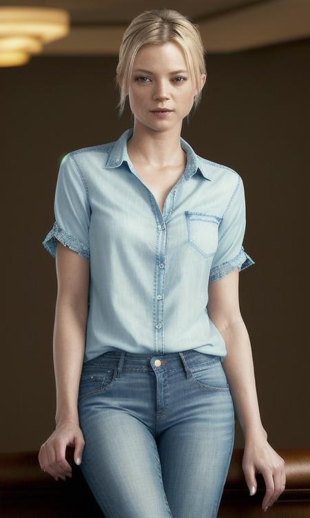 portrait photo of amysmart wearing a light blue blouse and jeans, high heels, sitting in a lobby of a hotel, (masterpiece), (best quality), (detailed), (8k), (HDR), (wallpaper), (cinematic lighting), (sharp focus), (intricate), (closeup)