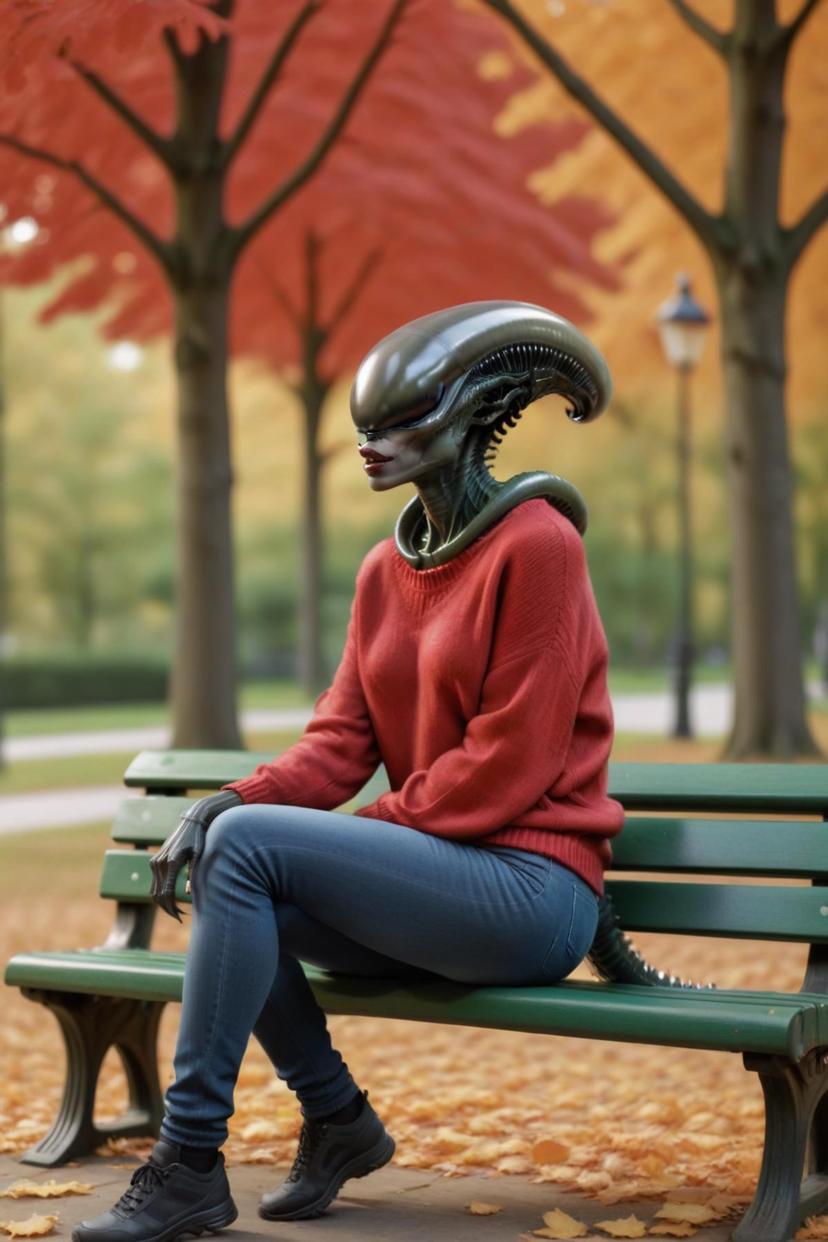 Woman sitting on a bench with an alien head and long tail.