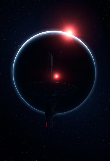 A space station against the background of a planet in the middle of space, a rising star looks out from behind the planet and illuminates part of the station with a soft light, realism
