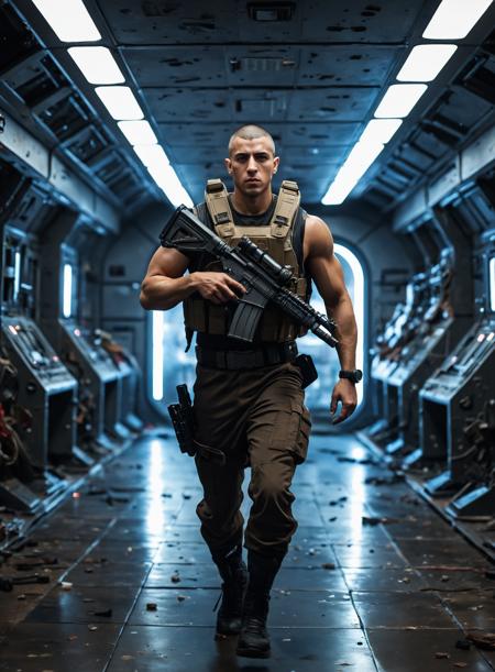 handsome,male,Lebanese,Mexican,buzz cut,27 years old,(muscular:0.5),indoors,running,desolate spaceship,pulse rifle,science fiction,realistic photograph,cinematic_lighting,night,