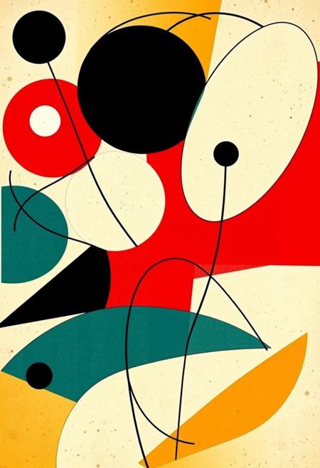 An abstract composition inspired by the style of Wassily Kandinsky, featuring dynamic geometric shapes, bold lines, and vibrant colors. The image should include circles, triangles, and rectangles, interplaying with each other in a harmonious yet energetic arrangement. The forms should be non-representational, with a sense of movement and fluidity. Use contrasting colors to create depth and tension, and emphasize the use of lines and curves to lead the viewer’s eye through the composition. The overall mood should evoke a sense of rhythm and visual harmony, with the complexity of the shapes balanced by a sense of simplicity in the design.