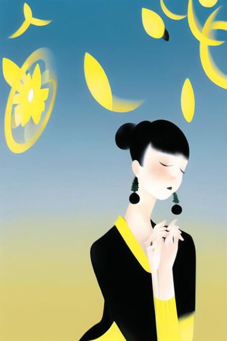 <lora:artyo-000014:0.8>1 girl, sitting, solo, black hair,  yellow dress, single bun, ,earrings,holding,  ripe cropsï¼long sleeves,Chiho Aoshima, super fine painting, cloisonnÃ©, yellow gradient, simple  background , stylish, modern