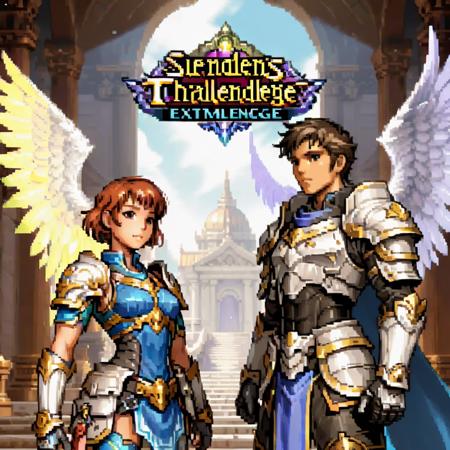 In a vibrant, RPG-style scene, two characters are featured in a heavenly temple setting. On the left, a detailed half-portrait of an adventurer, clad in a mixture of leather and armor, with a look of determination and awe. On the right, a magnificent archangel, with resplendent wings and ethereal, glowing attire. The focus is on a dialogue box at the forefront, sharply rendered and clearly visible, containing the text 'You've finally conquered the challenge!' This box overlays part of the image, drawing immediate attention. Behind it, the temple's grand architecture, bathed in celestial light, adds to the scene's grandeur. The characters' expressions and posture suggest they are deeply engaged in this pivotal conversation,<lora:gbaplay_rpg:0.8>